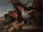 unknow artist Still life of a turkey,a bantan,a barn owl and a grey partridge in a rocky landscape oil painting reproduction